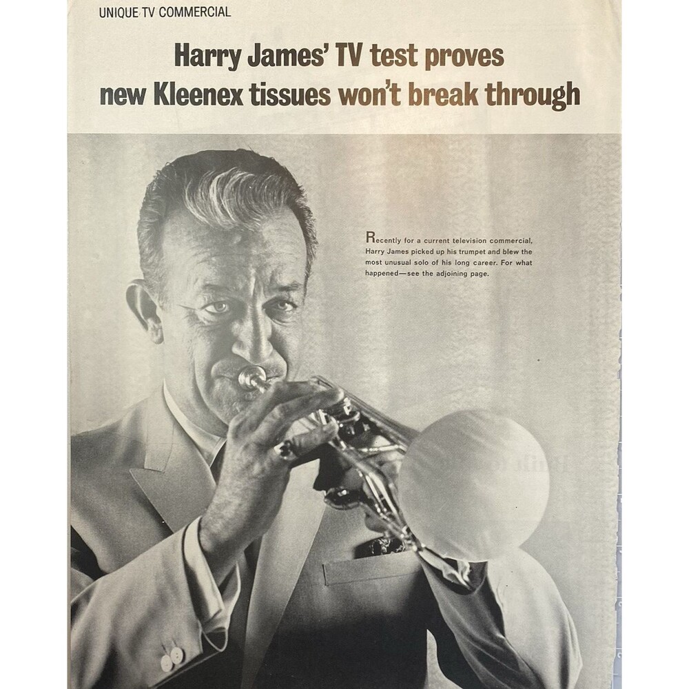 Harry James Magazine Print Photograph "Proves Kleenex Tissues Are Tough" Vtg Ad
